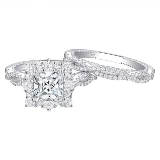 Elegant 925 Sterling Silver Princess Cut Engagement Ring Set