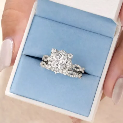 Elegant 925 Sterling Silver Princess Cut Engagement Ring Set