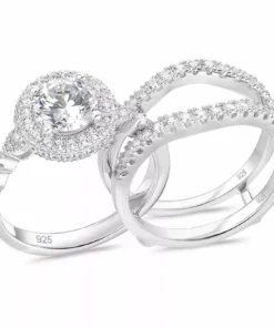 Genuine 925 Sterling Silver Round Shape Wedding Rings Set with AAAAA Cubic Zirconia