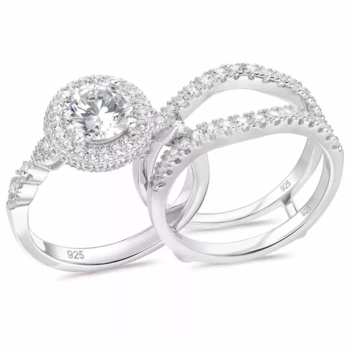 Genuine 925 Sterling Silver Round Shape Wedding Rings Set with AAAAA Cubic Zirconia