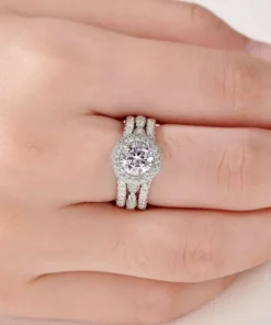 Genuine 925 Sterling Silver Round Shape Wedding Rings Set with AAAAA Cubic Zirconia