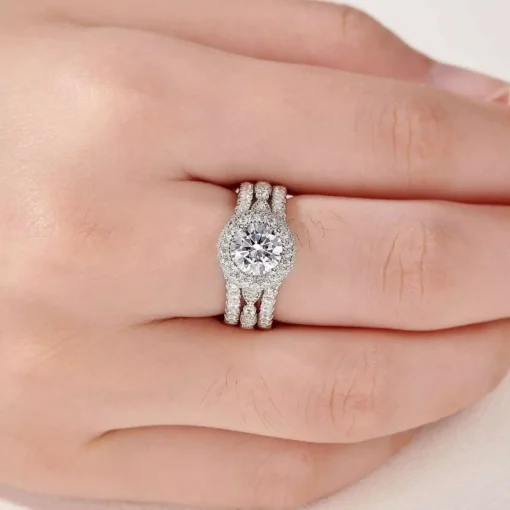 Genuine 925 Sterling Silver Round Shape Wedding Rings Set with AAAAA Cubic Zirconia