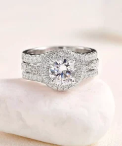 Genuine 925 Sterling Silver Round Shape Wedding Rings Set with AAAAA Cubic Zirconia