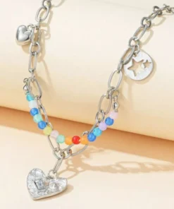 Chic Double Layer Pearl and Metal Necklace with Colorful Love Pendant