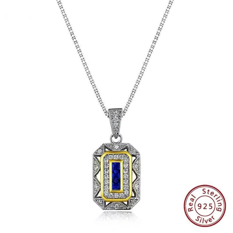 Elegant Vintage 925 Sterling Silver Blue Spinel and Cubic Zirconia Pendant Necklace with 18-Inch Chain