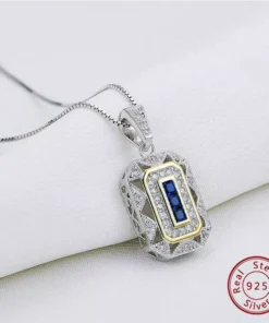 Elegant Vintage 925 Sterling Silver Blue Spinel and Cubic Zirconia Pendant Necklace with 18-Inch Chain