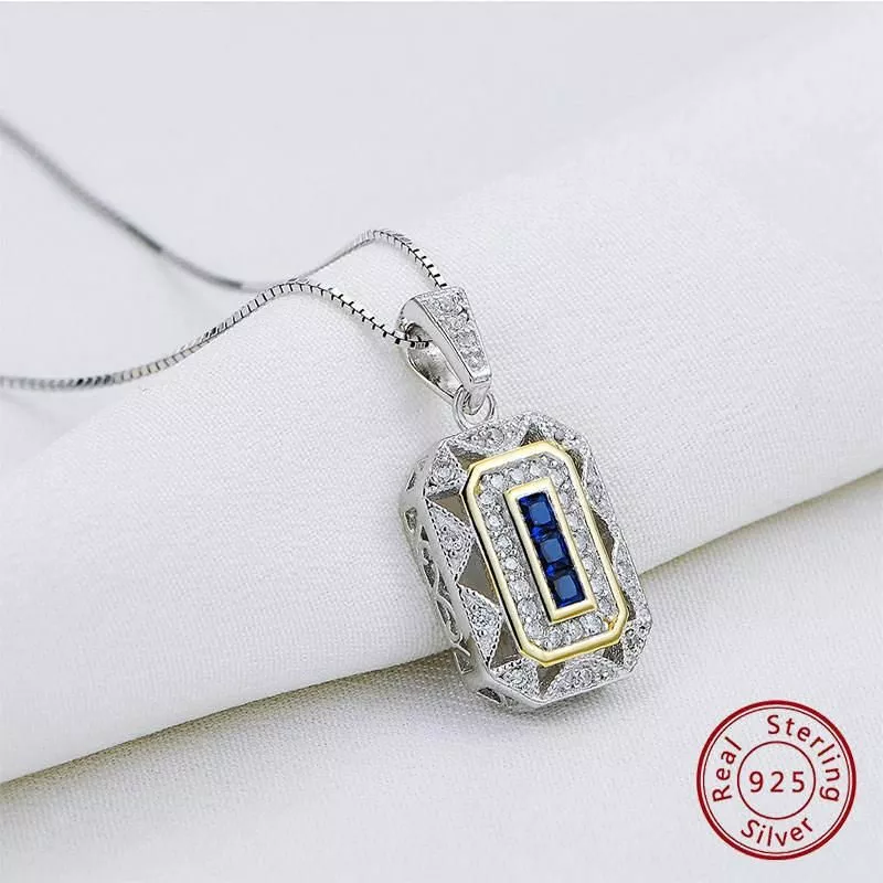 Elegant Vintage 925 Sterling Silver Blue Spinel and Cubic Zirconia Pendant Necklace with 18-Inch Chain