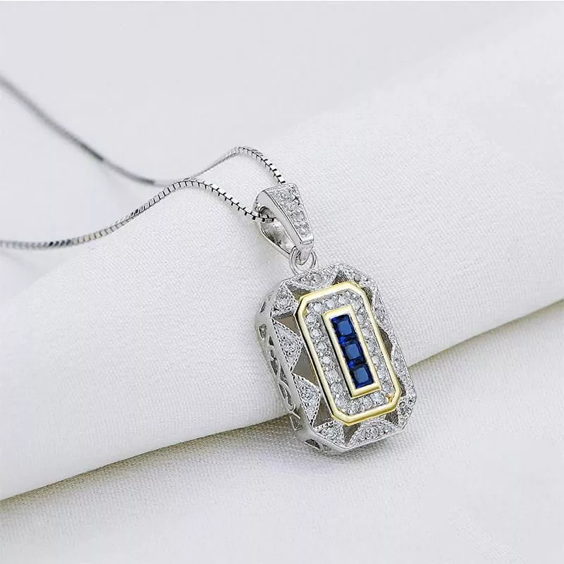 Elegant Vintage 925 Sterling Silver Blue Spinel and Cubic Zirconia Pendant Necklace with 18-Inch Chain