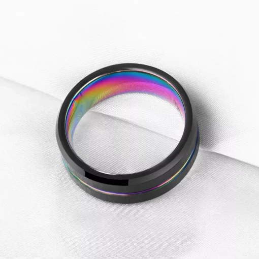 Tungsten Carbide 8mm Black Wedding Band with Rainbow Groove