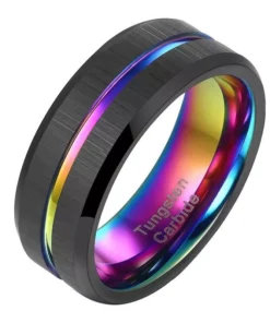 Tungsten Carbide 8mm Black Wedding Band with Rainbow Groove