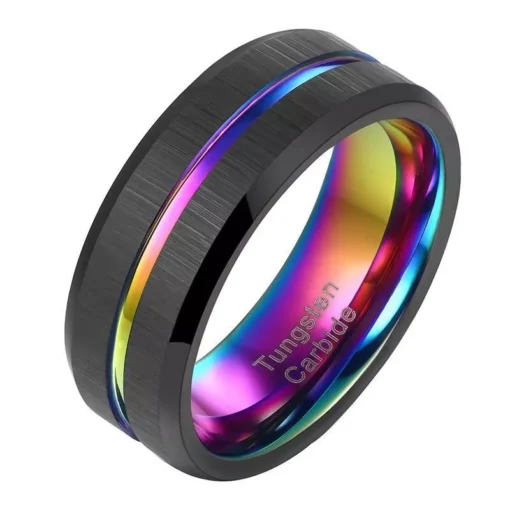Tungsten Carbide 8mm Black Wedding Band with Rainbow Groove