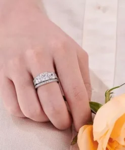 Princess Cut Sterling Silver Engagement Ring Set with CZ Stones