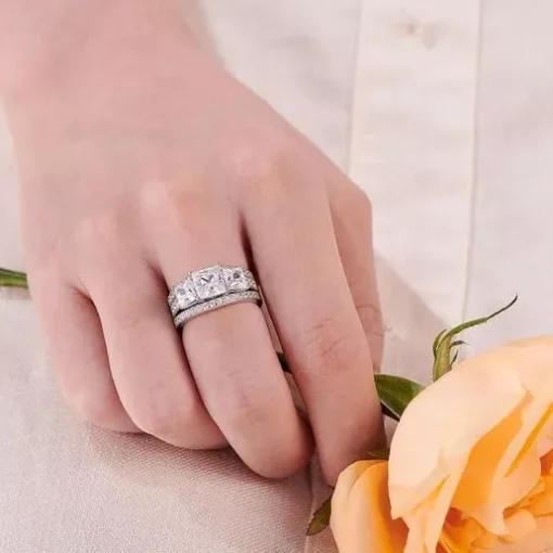 Princess Cut Sterling Silver Engagement Ring Set with CZ Stones