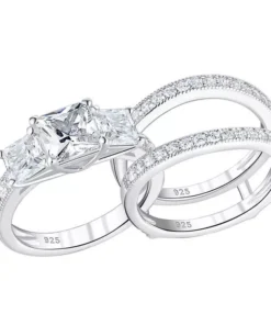 Princess Cut Sterling Silver Engagement Ring Set with CZ Stones