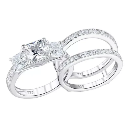Princess Cut Sterling Silver Engagement Ring Set with CZ Stones