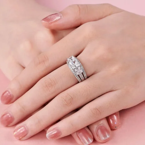 Princess Cut Sterling Silver Engagement Ring Set with CZ Stones