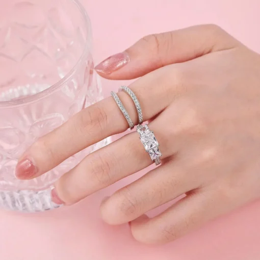 Princess Cut Sterling Silver Engagement Ring Set with CZ Stones