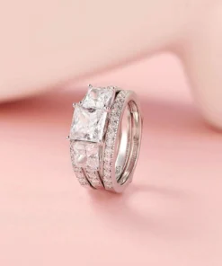 Princess Cut Sterling Silver Engagement Ring Set with CZ Stones
