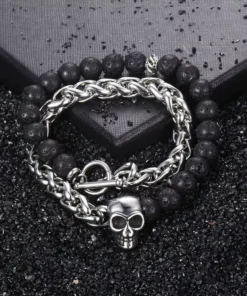 Stylish 8mm Lava Beads Men’s Bracelet with Stainless Steel Wheat Link