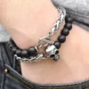 Stylish 8mm Lava Beads Men’s Bracelet with Stainless Steel Wheat Link