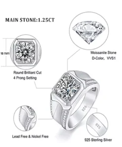 Luxurious 925 Sterling Silver 2Ct Moissanite Men’s Wedding Ring