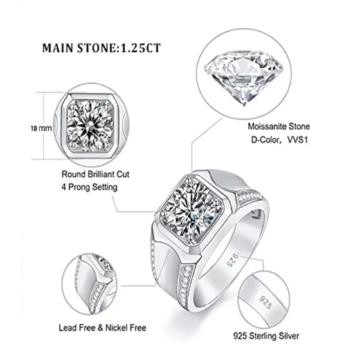 Luxurious 925 Sterling Silver 2Ct Moissanite Men’s Wedding Ring