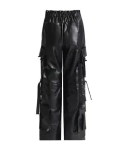 High Waist Solid Patchwork Leather Cargo Pants