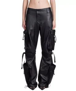 High Waist Solid Patchwork Leather Cargo Pants