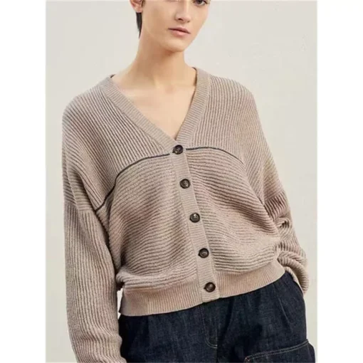 Stylish V-Neck Beaded Chain Women’s Cardigan Jacket