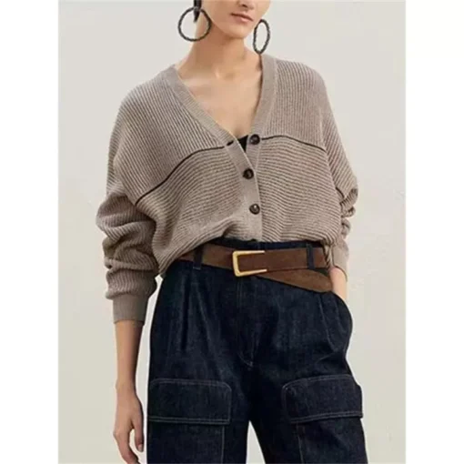 Stylish V-Neck Beaded Chain Women’s Cardigan Jacket