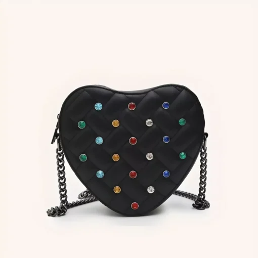 Heart Shaped Crossbody Bag with Colorful Rhinestone Detailing