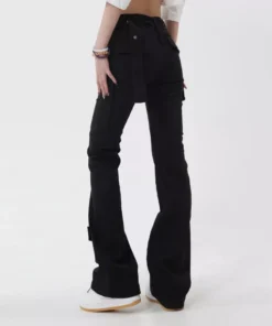 Slim Black Flare Pants: American Style Solid Color Chic Buttons Women’s Jeans