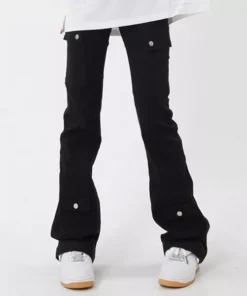 Slim Black Flare Pants: American Style Solid Color Chic Buttons Women’s Jeans