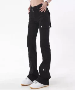 Slim Black Flare Pants: American Style Solid Color Chic Buttons Women’s Jeans