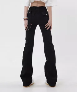 Slim Black Flare Pants: American Style Solid Color Chic Buttons Women’s Jeans