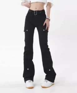 Slim Black Flare Pants: American Style Solid Color Chic Buttons Women’s Jeans