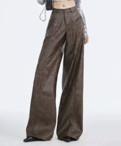 Faux Leather Wide Leg Trousers for Women