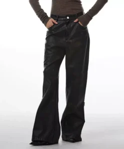 High-Waist Straight Leg PU Leather Pants for Women