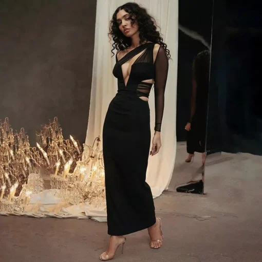 Elegant One-Shoulder Mesh Bodycon Maxi Dress - Image 3