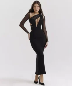 Elegant One-Shoulder Mesh Bodycon Maxi Dress