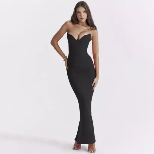 Elegant Off-Shoulder Fishbone Bodycon Maxi Dress - Image 9