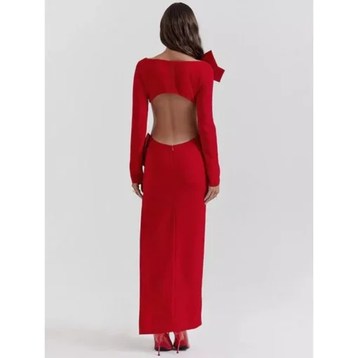 Elegant Red O-Neck Backless Bow Maxi Dress - Image 5