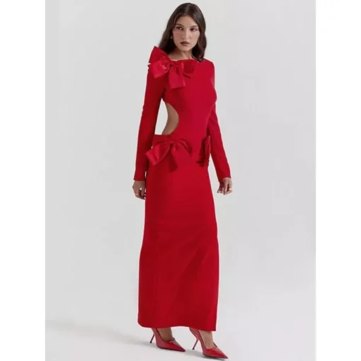 Elegant Red O-Neck Backless Bow Maxi Dress - Image 4