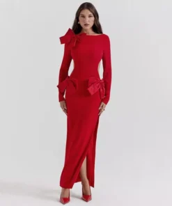 Elegant Red O-Neck Backless Bow Maxi Dress