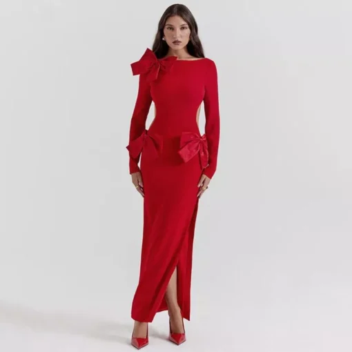 Elegant Red O-Neck Backless Bow Maxi Dress