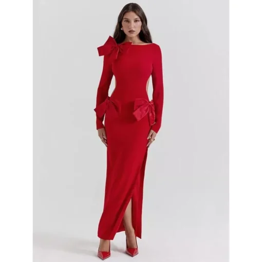 Elegant Red O-Neck Backless Bow Maxi Dress - Image 3
