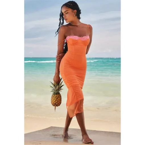 Lace Spaghetti Strap Backless Bodycon Maxi Dress - Image 2