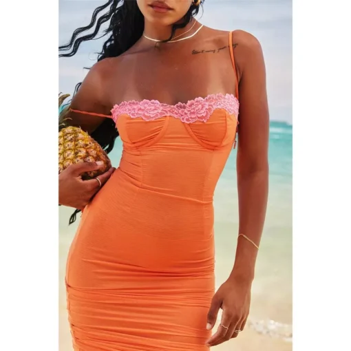 Lace Spaghetti Strap Backless Bodycon Maxi Dress - Image 3