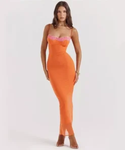 Lace Spaghetti Strap Backless Bodycon Maxi Dress