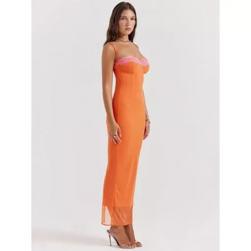Lace Spaghetti Strap Backless Bodycon Maxi Dress - Image 6